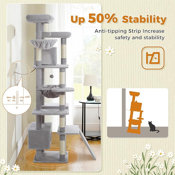 81 Inches Tall Cat Tree for Indoor Cats Large Adult - Heavy Duty Multi-Level Cat Tower with Large Metal Frame Hammock, Scratching Pad, 2 Top Perches, 2 Cozy Condos & 6 Scratching Posts - Gray-PurrikoPets