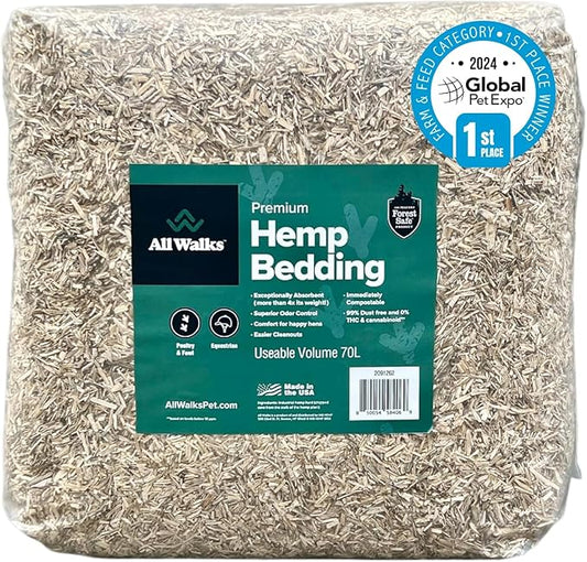 All Walks 70 Liter Hemp Bedding for Chicken Coops, Horses, Ponies, Llama, Emu, Ducks, and Turkeys - 100% Natural, Superior Odor Control, Biodegradable Pet Bedding, Dust-Free - Made in USA-PurrikoPets