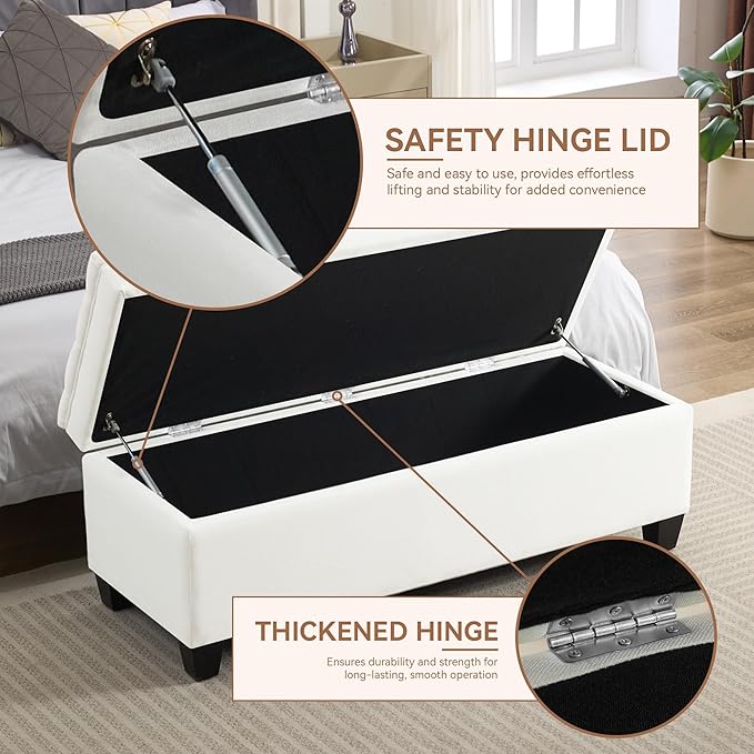 51" Fabric Storage Ottoman Bench, Upholstered Rectangle End of Bed Storage Ottoman Tufted Living Room Bedroom Bench with Safety Hinge, Solid Wood Legs, Loads 500 lb(Beige)-PurrikoPets