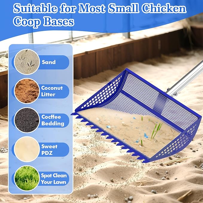12 Inch Chicken Poop Scooper & Rake 2-in-1, Large Metal Shovel Head, Rubber Handle Stainless Steel Chicken Litter Scoop for Chicken Coops, Litter Screening Scoop (35 to 65in) US Patent Pending (Blue)-PurrikoPets