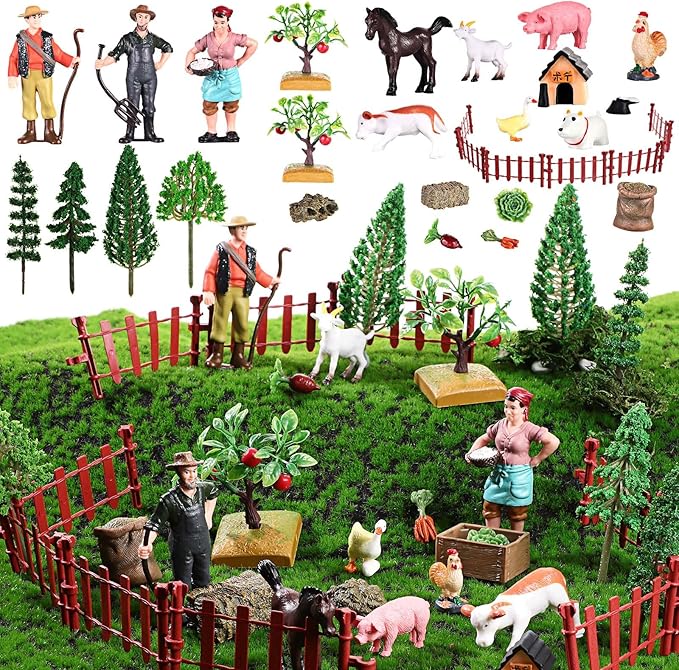 27 Pcs Farm Toys Set, 3 Little Farmer Figurines 9 Plastic Animals Figurines 10 Feed Food Fence Playset 4 Model Trees 1 Moss Mat Animal Farm Toys for Educational School Project Gift-PurrikoPets