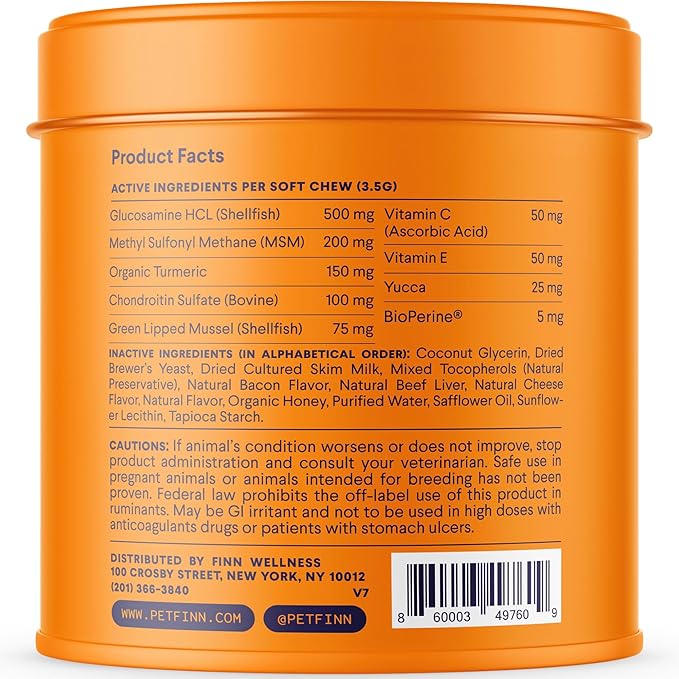 Finn Hip and Joint Supplement for Dogs | Glucosamine, Chondroitin & MSM for Joint and Mobility Support | with Turmeric, BioPerine and B-Vitamins | 90 Soft Chews-PurrikoPets
