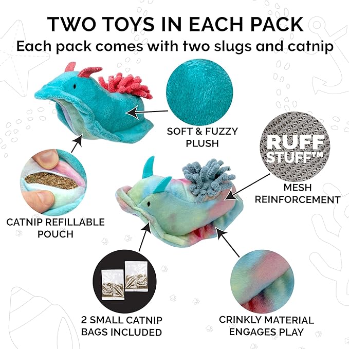 Furhaven 2-Pack Cat Toys w/ 2x Catnip Bags for Indoor Cats, Washable & Durable w/ Refillable Catnip Pocket - Plush Sea Slug Cat Toy Set - Blue/Tie Dye, Set of 2-PurrikoPets
