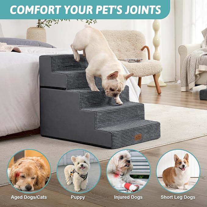 Dog Stairs for Small Dogs, 5 Tier Removable Wider Pet Stairs for Couch and Bed, 23.6" H Non-Slip Dog Steps for Puppies and Old Cats with Support Board, 29.5x19.7x23.6 inch, Dark Grey-PurrikoPets