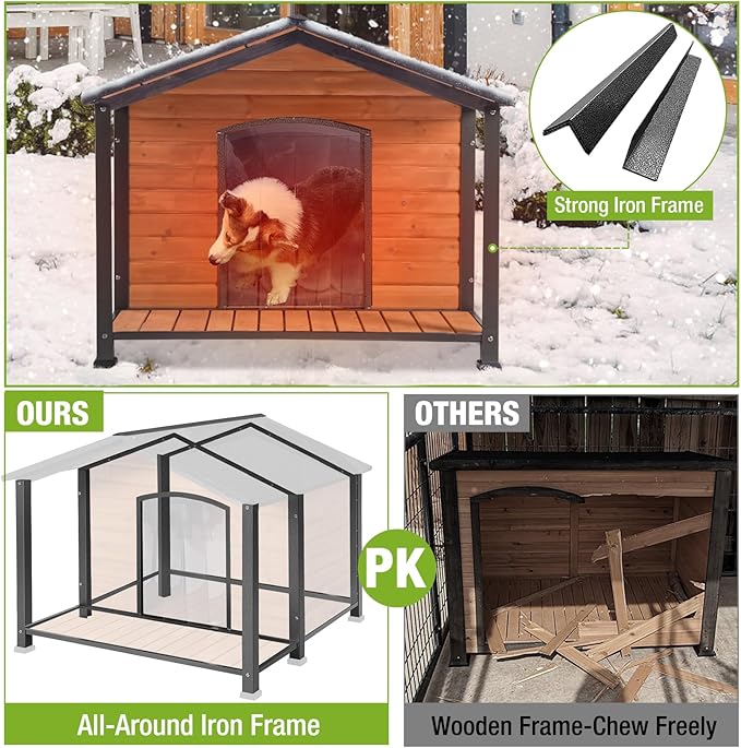Dog House Outdoor Large Insulated Dog Kennel with Liner for Winter Waterproof Dog Cage for Small & Medium & Large Dogs,Unique All-Around Iron Frame-PurrikoPets