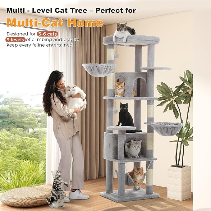 71.2" Tall Cat Tree for Indoor Cats - 9-Level Multi-Cat Tower w/5 Sisal Scratching Posts, 2 Condos, 3 Hammocks, Perch & Pom Poms - Heavy-Duty for Adult Cats, Space-Saving Plush Gray-PurrikoPets