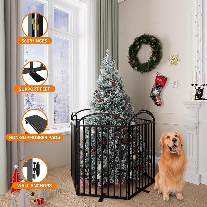 6 Panles Full Matel Freestanding Dog Gates with Door, 144"Extra Wide 36"Tall Free Standing Dog Pet Gate for Indoor & Outdoor. Foldable Pet Fences for Doorways, House, Stairs, Porch, Deck, Yard-PurrikoPets