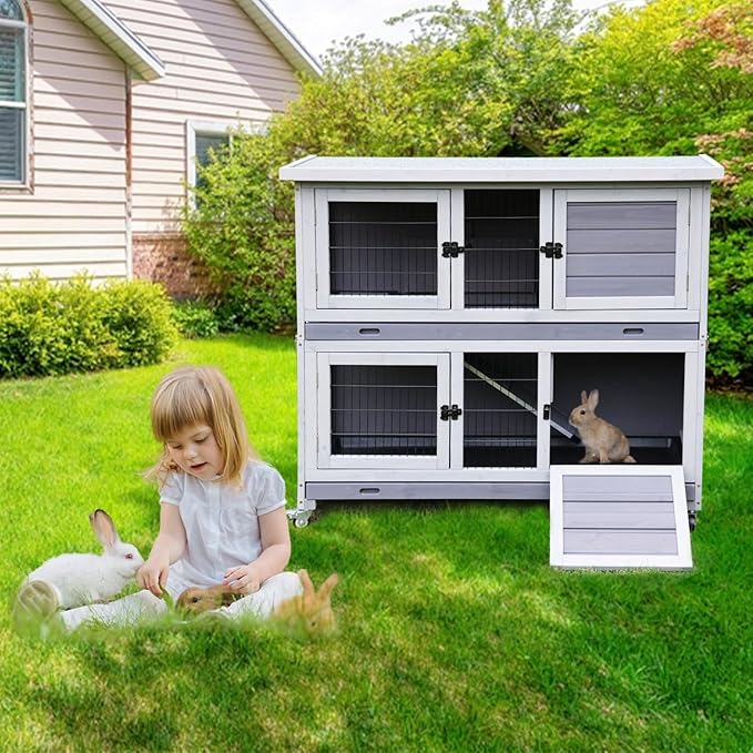 Aivituvin Rabbit Hutch Indoor, Folding Bunny Cage with Two Story, Rabbit Cage with Wheels, Anti Slip Ramp-PurrikoPets
