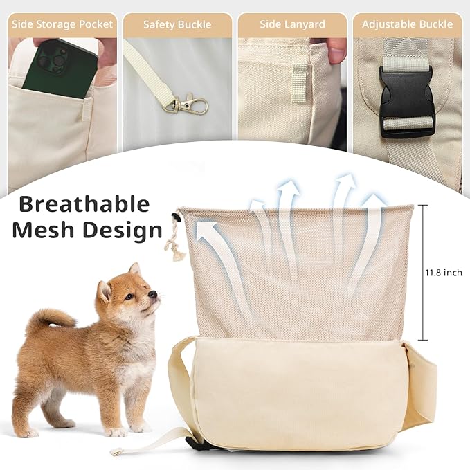 Dog Sling Carrier for Small Dogs and Cats, Lightweight Collapsible Pet Travel Bag with Adjustable Strap, Side Pockets & Breathable Mesh (Beige, 15.7" L x 5.9" W x 8.6" H)-PurrikoPets