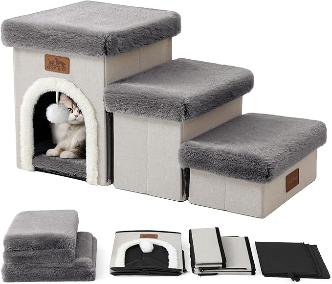 Dog Stairs for Small Dogs with Storage and Condo, 14" H Foldable Pet Stairs for Small Medium or Puppy Dogs and Older Cats, Dog Steps for Bed or Couch, 13x27x14 inch, 3 Tiers, Grey-PurrikoPets