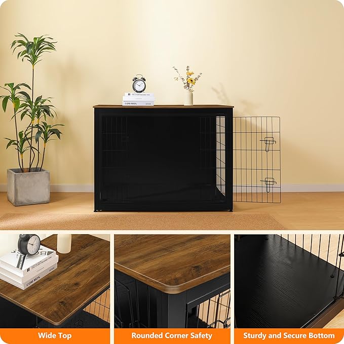 DWANTON Dog Crate Furniture with Cushion, Wooden Kennel Table with Double Doors, Indoor Dog House, Extra Large Size, 43.3" L, Black+Warm Brown-PurrikoPets