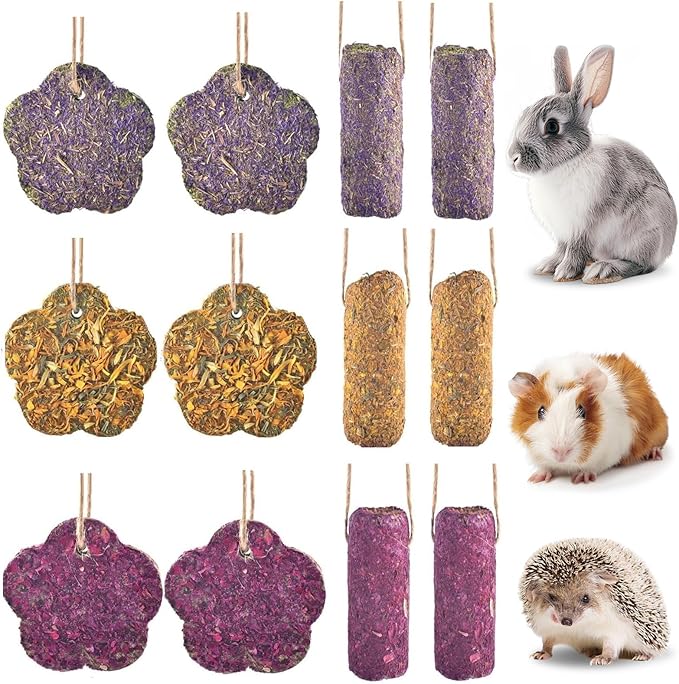 12PCS Rabbit Chew Sticks, Hanging Chew Sticks & Cakes Timothy Hay Rose Chrysanthemum Treat for Bunny Chinchilla Guinea Pig Hamster and Other Small Pets Molar Snack Toy-PurrikoPets