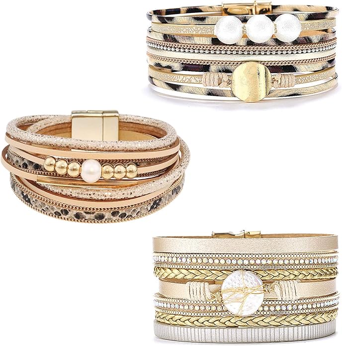 Wowanoo 3Pack Leather Cuff Bracelet Set Multilayer Wrap Bracelet Crystal Feather Tree Bracelet Magnetic Clasp Bracelet for Women