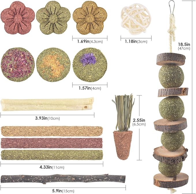 ERKOON Bunny Toys Boredom, 42 PCS Bunnies Timothy Hay Sticks Carrots Rose Grass Cake Dental Care, Molar, Chinchillas Toy Chew Toy, Guinea Pigs, Hamsters, Chinchilla, Rabbit Chew Toys for Teeth-PurrikoPets