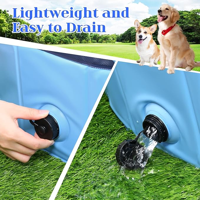 Foldable Dog Bath Swimming Pool Plastic Kiddie Pool Professional Tub Collapsible Grooming Bathtub for Pets Kids Baby and Toddler, 63 x 12 Inches Blue-PurrikoPets