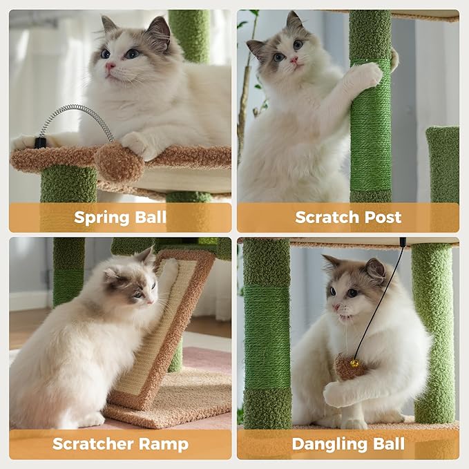 Floor to Ceiling Cat Tree Tall Cat Tower with Adjustable Height (81.8-108 Inches) with Fully Scratching Post Private Condo and Hammock for Indoor Cats (Green, Triple Dule Posts)-PurrikoPets