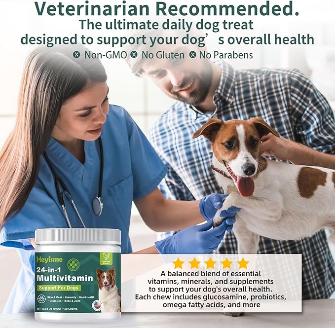 Dog Multivitamin, Glucosamine Chondroitin for Dogs, Dog Vitamins and Supplements, Probiotics, Krill Oil for Hip & Joints, Skin, Coat, Immune Health, Heart, Digestion (120 Chews, Chicken)-PurrikoPets