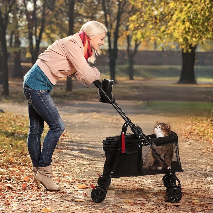 Foldable Pet Stroller for Small/Medium Pets up to 22 lbs - Lightweight 4-Wheel Design with Sun Canopy, Storage Bag & Breathable Mesh-PurrikoPets