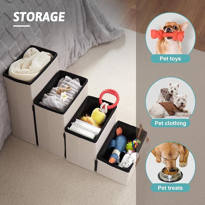 Dog Stair for Small Dogs with Storage, Foldable Pet Step with Soft Cover, Older Cat Ramp for Chair Couch Sofa, Lightweight, Durable, Comfort, 33x13x17.7 inch, 4 Tiers Grey-PurrikoPets