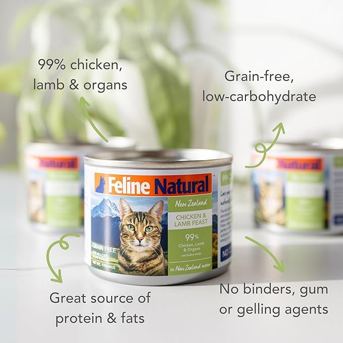 Feline Natural New Zealand Canned Catfood Wet Food, High-Meat, Low-Carb, & Grain Free Cat Food Wet, Chicken and Lamb Feast, 6 oz, Pack of 12-PurrikoPets