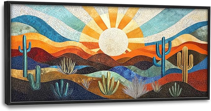 Extra Large Framed Abstract Boho Desert Wall Art, Sun Cactus Landscape Wall Decor Pictures for Living Room,Cacti Canvas Print Painting Modern Artwork Bedroom Office Bathroom Home Decor 60L x 30W-PurrikoPets