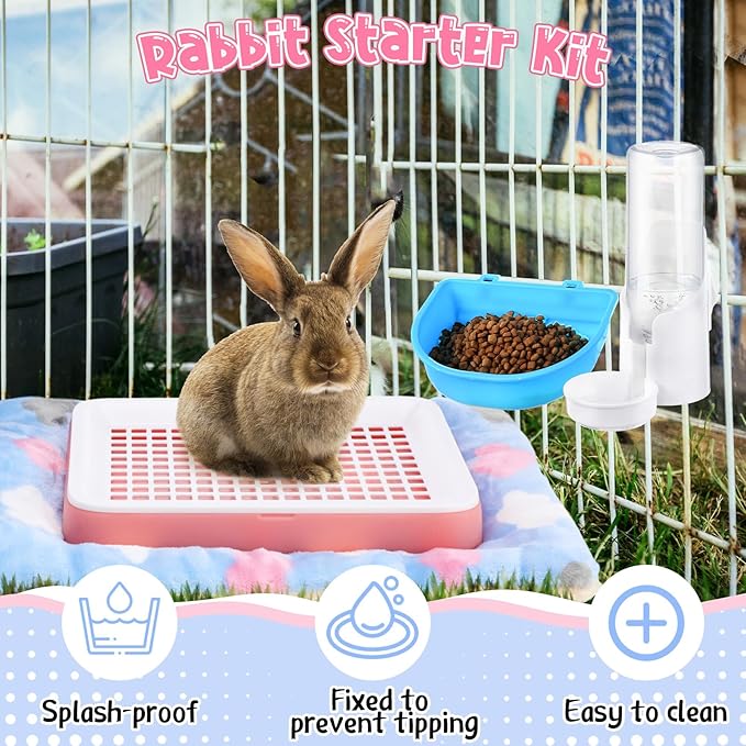 19 Pcs Rabbit Starter Kit Small Bunny Litter Box Rabbit Grooming Kit Water Bottle Bunny Toys Hay Feeder Bowl Blankets with Cleaning Set for Guinea Pig Accessories (Pink-White,Strawberry Bear)-PurrikoPets