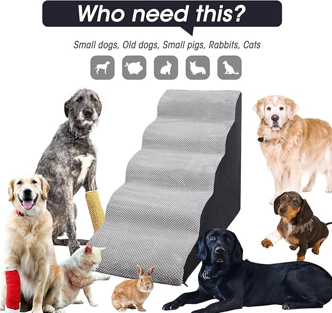 Dog Stairs&Steps for High Beds Up to 28'', 5-Step Dog Ramp for Small Medium Dogs with Washable Cover, Pet Steps for Cats to Get on Couch and Sofa, Durable Foam Ladders, 24.4" Tall, Grey-PurrikoPets