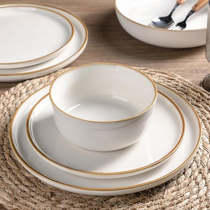 GBHOME Ceramic Dinnerware Sets for 4, 12 Pieces Stoneware Plates and Bowls Sets, Scratch Resistant Dishes, Dishwasher & Microwave Safe, Reactive Glaze-White-PurrikoPets