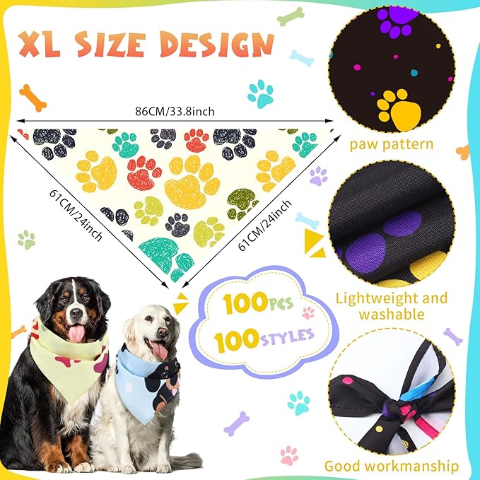 100 Pcs Paw Dog Bandanas Bulk Paw XL Pet Bandanas Colorful Triangle Pet Bibs Scarfs for Medium Large Dogs Spring Summer Birthday Holiday Costume Decoration-PurrikoPets
