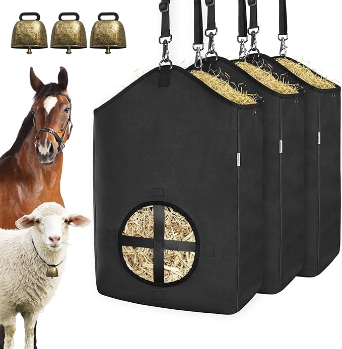 3 PCS Goat Hay Feeder,Hay Bags for Horses,Goats,Donkeys with Reinforced Oxford Fabric and High Strength Metal Clasp,Horse Feeding Supplies with Adjustable Strap for Easy Hanging (3Black)-PurrikoPets