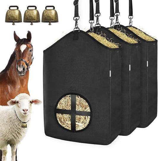 3 PCS Goat Hay Feeder,Hay Bags for Horses,Goats,Donkeys with Reinforced Oxford Fabric and High Strength Metal Clasp,Horse Feeding Supplies with Adjustable Strap for Easy Hanging (3Black)-PurrikoPets