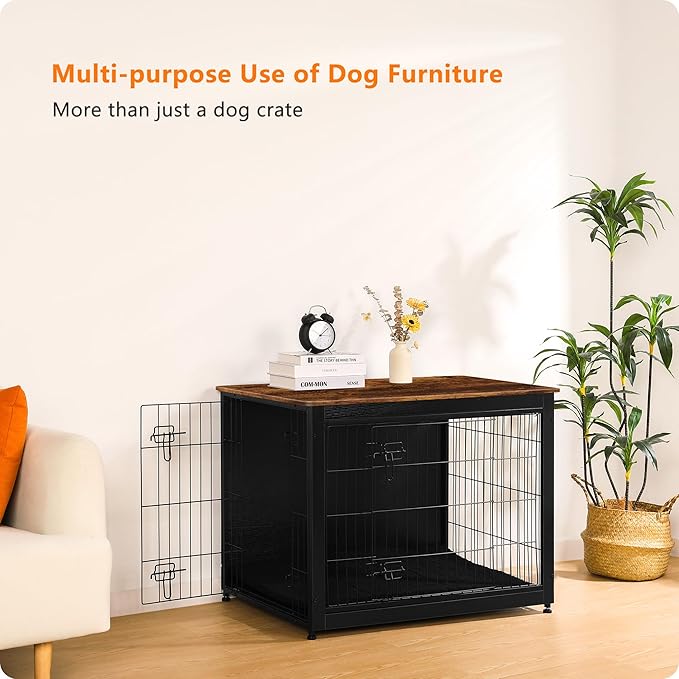 DWANTON Dog Crate Furniture with Cushion, Wooden Kennel Table with Double Doors, Indoor Dog House, Large Size, 38.5" L, Black+Rustic Brown-PurrikoPets