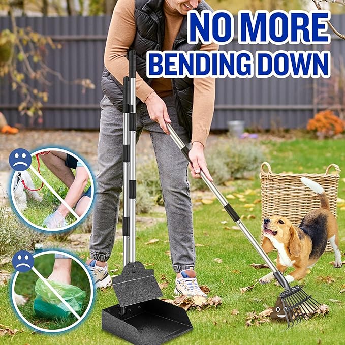 Dog Pooper Scooper for Large Dogs, 3 Pack Adjustable Long Handle Metal Tray, Rake and Spade Poop Scoop with Bin for Pet Waste Removal, No Bending Clean Up for Medium and Large Dogs-PurrikoPets
