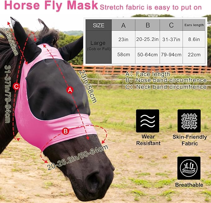 2 Piece Horse Fly Mask with Ears, Comfortable Fit Stretch Fabric Big Eye Space Soft Breathable with UV Protection for Full Horses (Blue-Pink)-PurrikoPets