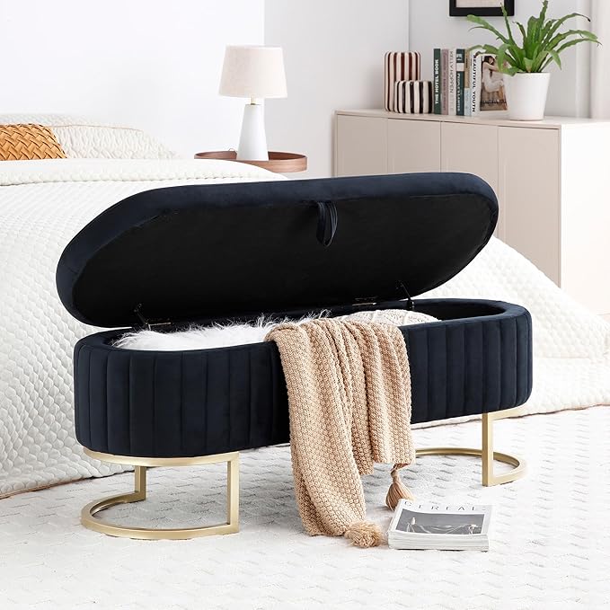 50" Sherpa Storage Ottoman Bench – Velvet Upholstered Bedroom Bench with Golden Metal Legs, Lift-Top Hidden Storage, Modern Footrest for Living Room, Entryway, Bed End (Black)-PurrikoPets
