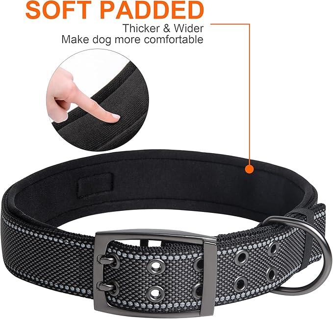 Fida Heavy Duty Dog Collar 1.5” Width, Ultra Soft Neoprene Padded, Adjustable Reflective Nylon Pet Collar with Two Metal Pin Belt Buckle for Large/X-Large Breeds (XL, Black)-PurrikoPets