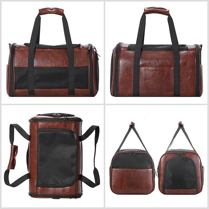 Fashion Leather Dog Carrier, Airline Approved Cat Carrier Soft Sided Pet Bag Carrier Purse for Puppy Kitten Small Animals Coffee-PurrikoPets