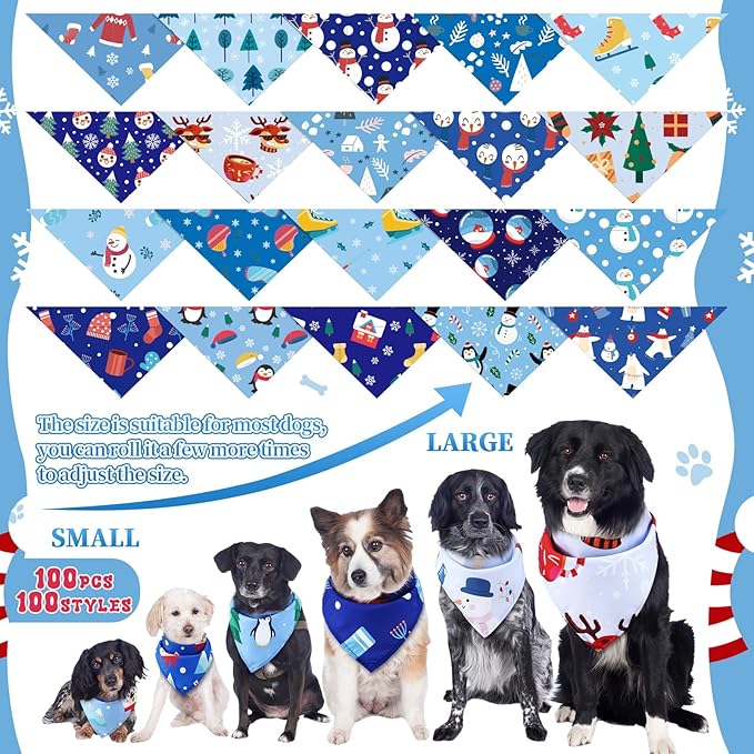 100 Pcs Winter Dog Bandanas Bulk Pet Bibs Blue Triangle Scarf Snowflake Pet Bandanas for Medium Large Dogs Winter Snowflake Christmas Party Holiday Festival Costume Decor-PurrikoPets