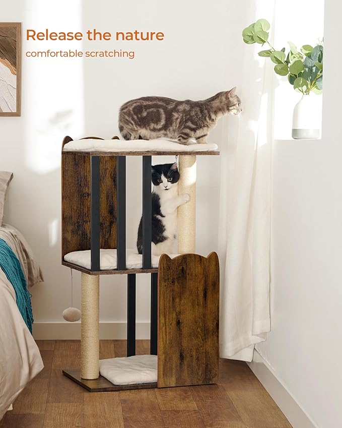 FourFurPets 35.4in 3-Tier Modern Cat Tree Tower Condo, Cat Scratch Posts for Indoor Cats, Big Plate, Two Full Sisal Scratching Posts, Rustic Brown-PurrikoPets