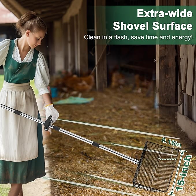 15-inch Large Chicken Poop Scooper, 5 in 1 Adjustable Chicken Coop Scoop with Ergonomic Grip, 24" to 77" Long Stainless Steel Sifting Litter Shovel Pooper Scooper Chicken Coop Accessories-PurrikoPets