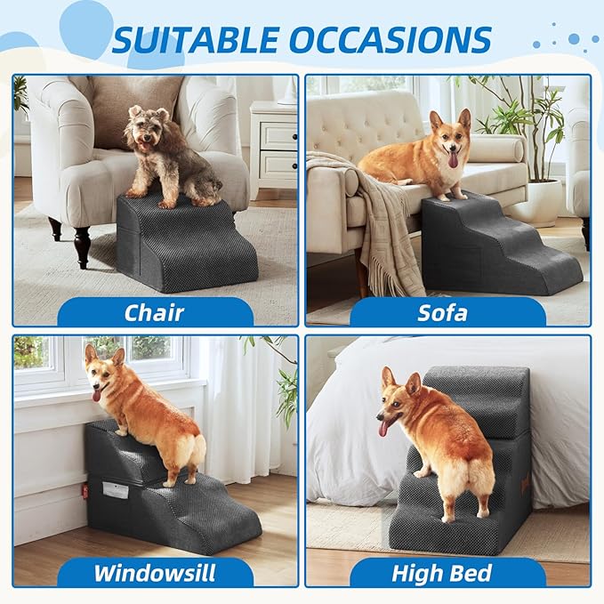 Dog Stairs for Small Dogs and Cats, 2 Steps Pet Stairs to Get on Couch Sofa and Chair, Indoor Non-Slip Balanced Portable Pet Step, High-Density Foam Ramp with Removable Washable Cover, Grey（11.8" H）-PurrikoPets