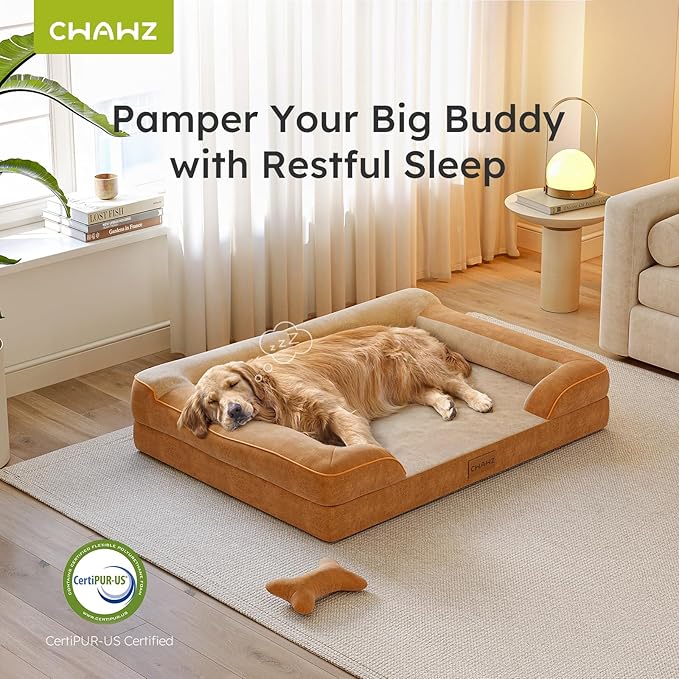 Extra Large Dog Bed, Orthopedic Dog Beds with Cooling Gel Memory Foam, Waterproof XL Pet Bed with Removable Washable Cover, 42" Pet Sofa Couch Dutch Velvet with Bone Toy, Brown-PurrikoPets