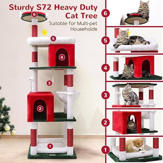 Globlazer Heavy Duty Cat Trees for Large Cats, Sturdy 72in Maine Coon Cat Tree for Large 20 lbs+ Heavy Duty Cat Tower for Adult Biggest Cats with 6 Scratching Posts, Hammock, S72, Red White Green-PurrikoPets