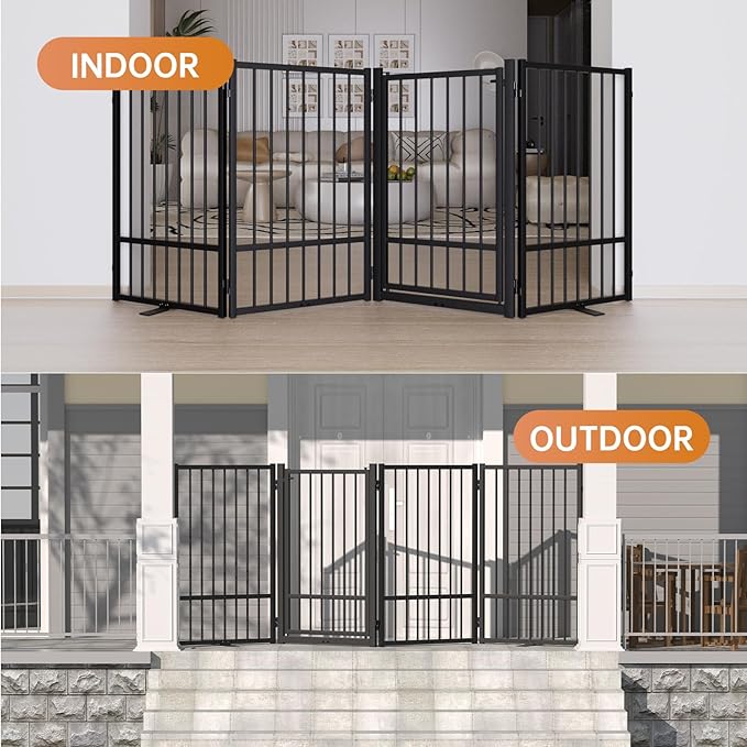 Full Metal Freestanding Dog Gate with Door, 32''Height Foldable Pet Dog Fence for Indoor & Outdoor, 6 Panels Extra Wide Free Standing TallDog Gates for Doorways,House,Stairs,Porch,Deck,Yard-PurrikoPets