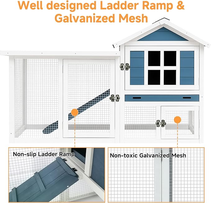 GARWOOD Large Outdoor Indoor Rabbit Hutch Wooden Bunny Rabbit Cage 2-Story with Run No-Leak Pull-Out Tray Waterproof Asphalt Roof Ramp for Guinea Pig Small Animal Wood Pet House Home Blue White-PurrikoPets