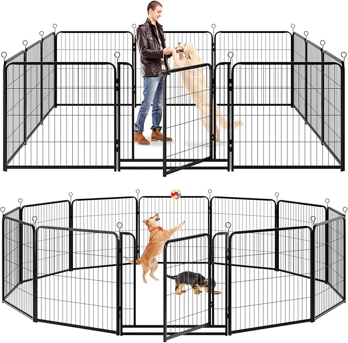 Dog Playpen Outdoor Extra Wide 12 Panels Heavy Duty Dog Fence 32" Height Anti-Rust with Doors Portable for RV Camping Yard, Total 32FT, 79 Sq.ft, Snowy Black-PurrikoPets