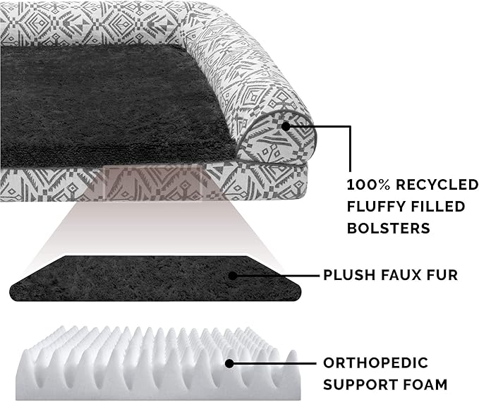 Furhaven Orthopedic Dog Bed for Large Dogs w/ Removable Bolsters & Washable Cover, For Dogs Up to 95 lbs - Plush & Southwest Kilim Woven Decor Sofa - Boulder Gray, Jumbo/XL-PurrikoPets