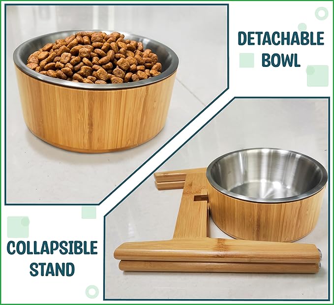 Elevated Dog Bowls for Large Breed - (15-Inch Tall, 74-oz Cap), Deter Ants and Bugs - Raised Single Feeder, Suitable for Dry and Wet Pet Foods - Bamboo with Stainless Steel Dish-PurrikoPets