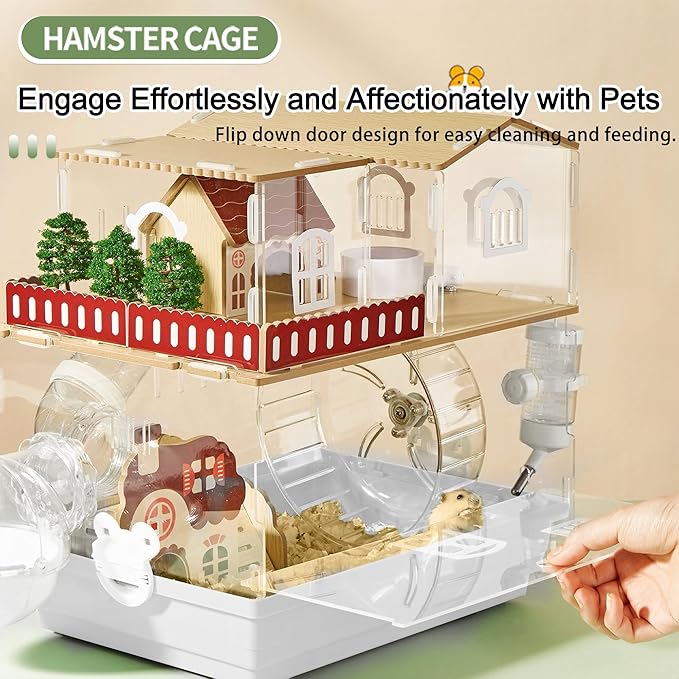 12 in 1 Clear Acrylic Hamster Cage with All Accessories,13.5''L* 10''W* 15''H Dwarf Hamster Cage,Magnetic Connection Small Hamster Enclosure,Garden Style Wooden Mouse Cage for Pet Mice(2-Layer,White)-PurrikoPets
