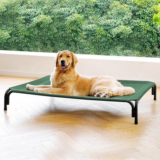 Elevated Dog Bed Raised Outdoor Dog Cot for Large Dogs, Installation Requires No Tools, Frame with Washable Cooling Breathable Mesh Anti-Slip Feet, Indoor Pet Bed, Green, 43.3 Inches-PurrikoPets